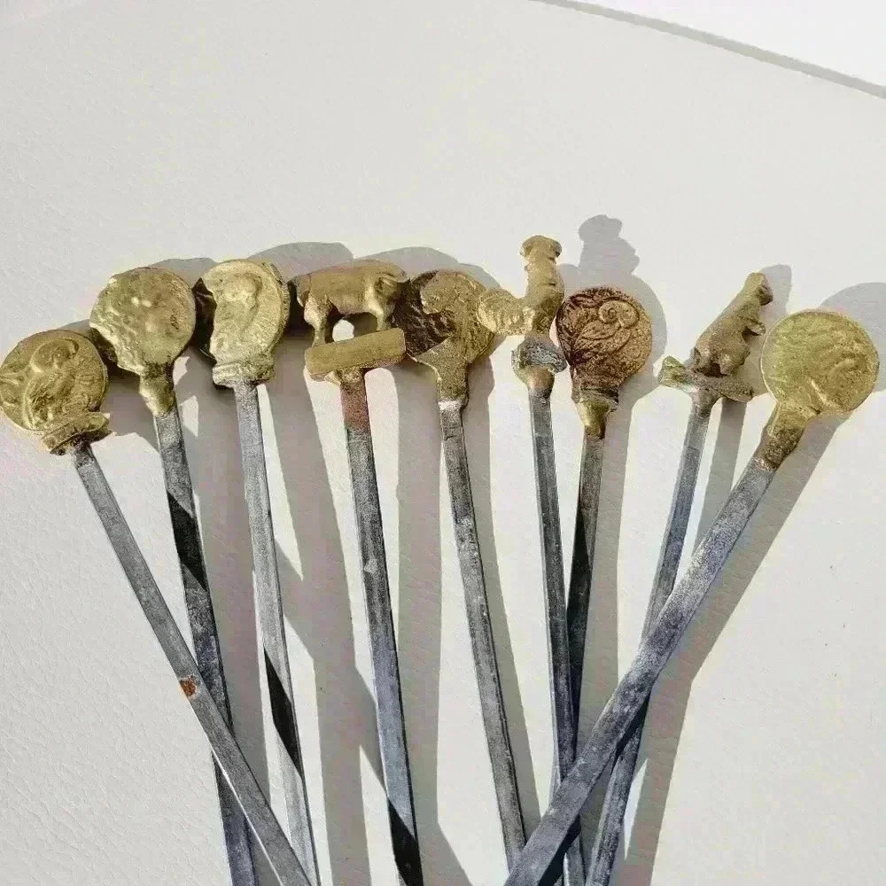 Set of 10 Vintage Turkish Animal Farm Stainless Steel & Brass Skewers BBQ